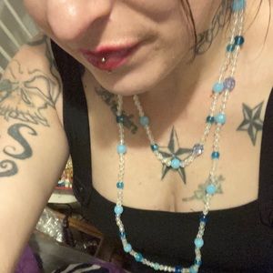 56” beaded necklace handcrafted baby blue/aquamarine glass beads